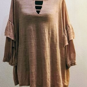 Democracy Plus Size Blush Tan Ruffle Sleeve Tunic with Ladder Neck